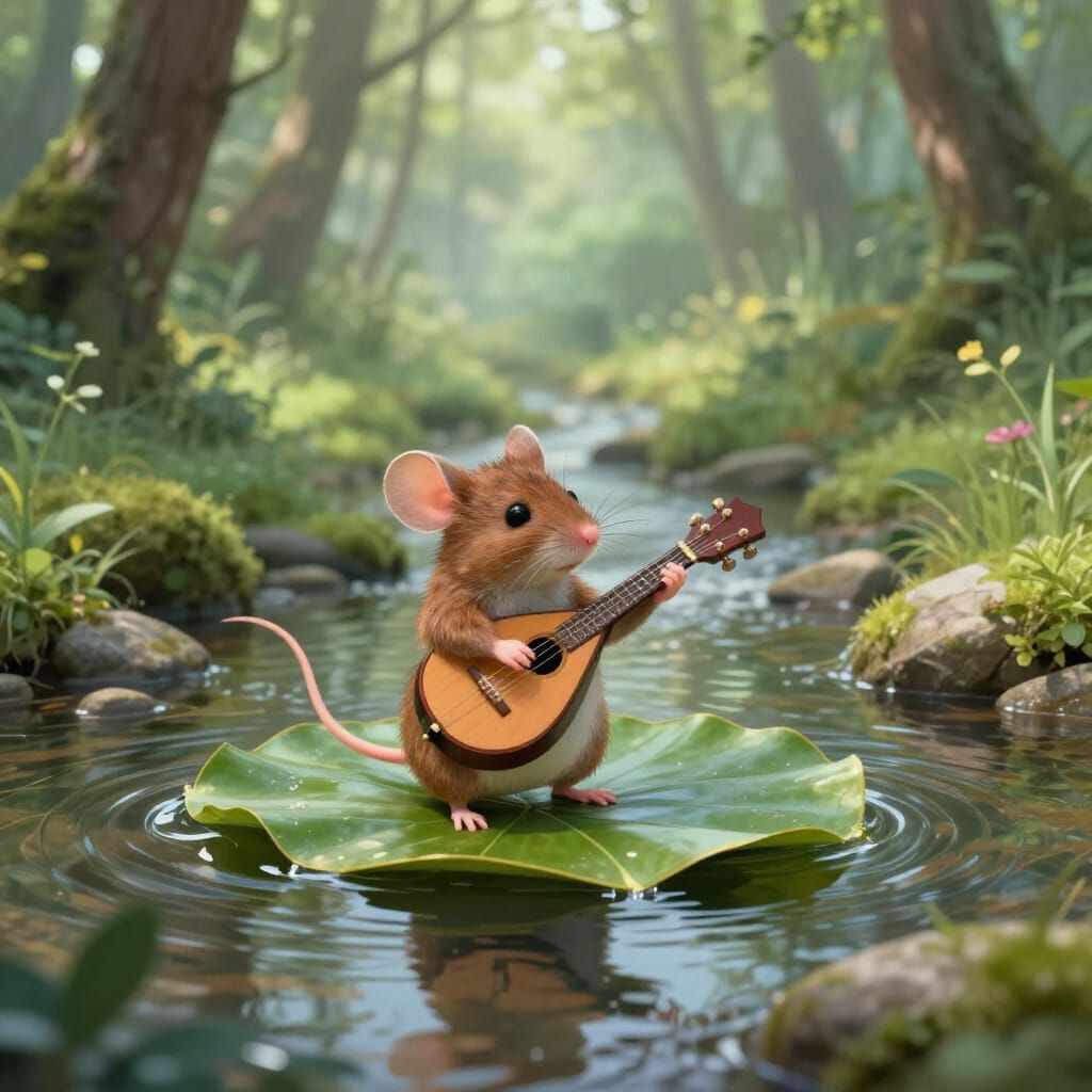 Mouse Musician Floats Down Ethereal Forest Stream