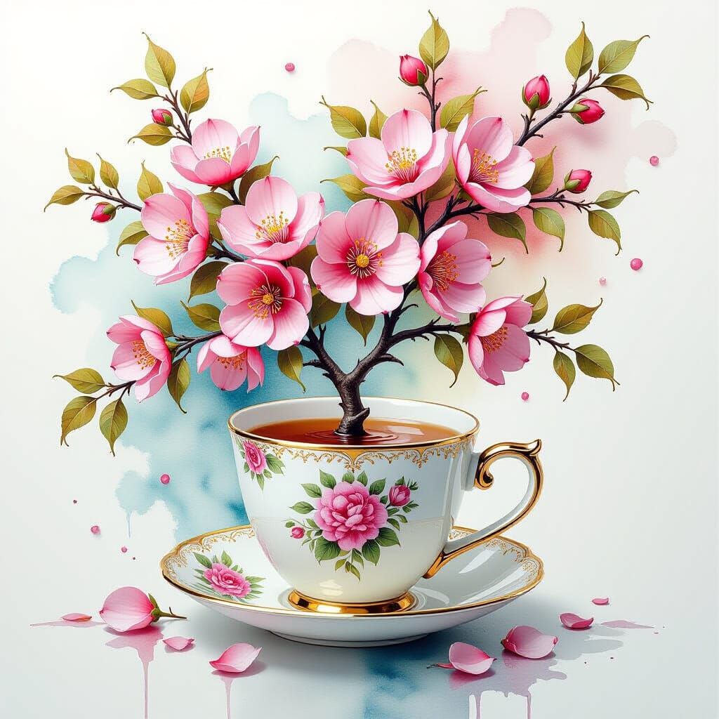 Cherry Blossom Teacup in Watercolor Impasto Style