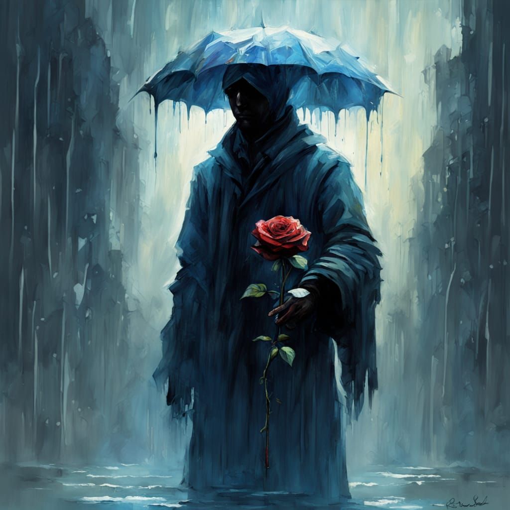 Silhouette in Rain with Rose: Atmospheric Fantasy Art