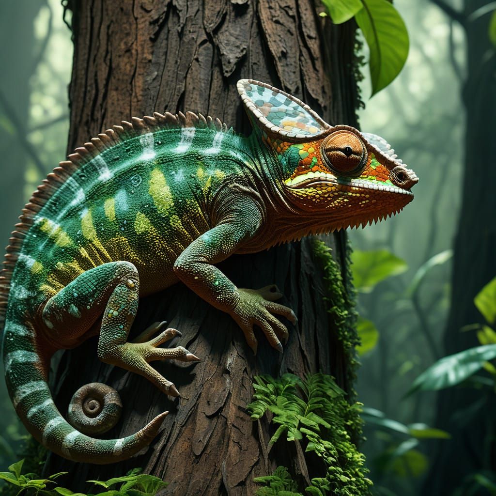 Brown Chameleon Disguised as Majestic Brown Tree Trunk in Ra...