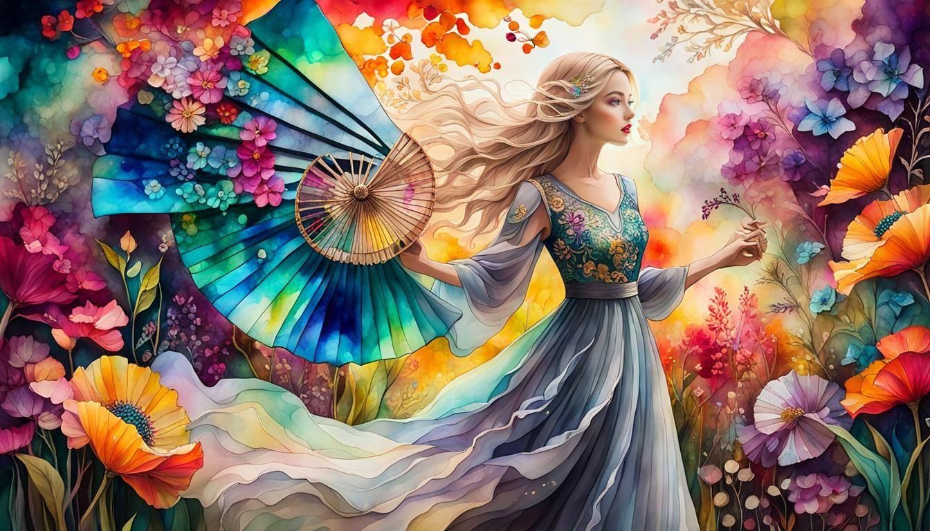 Woman in Luminous Garden: Alcohol Ink Art