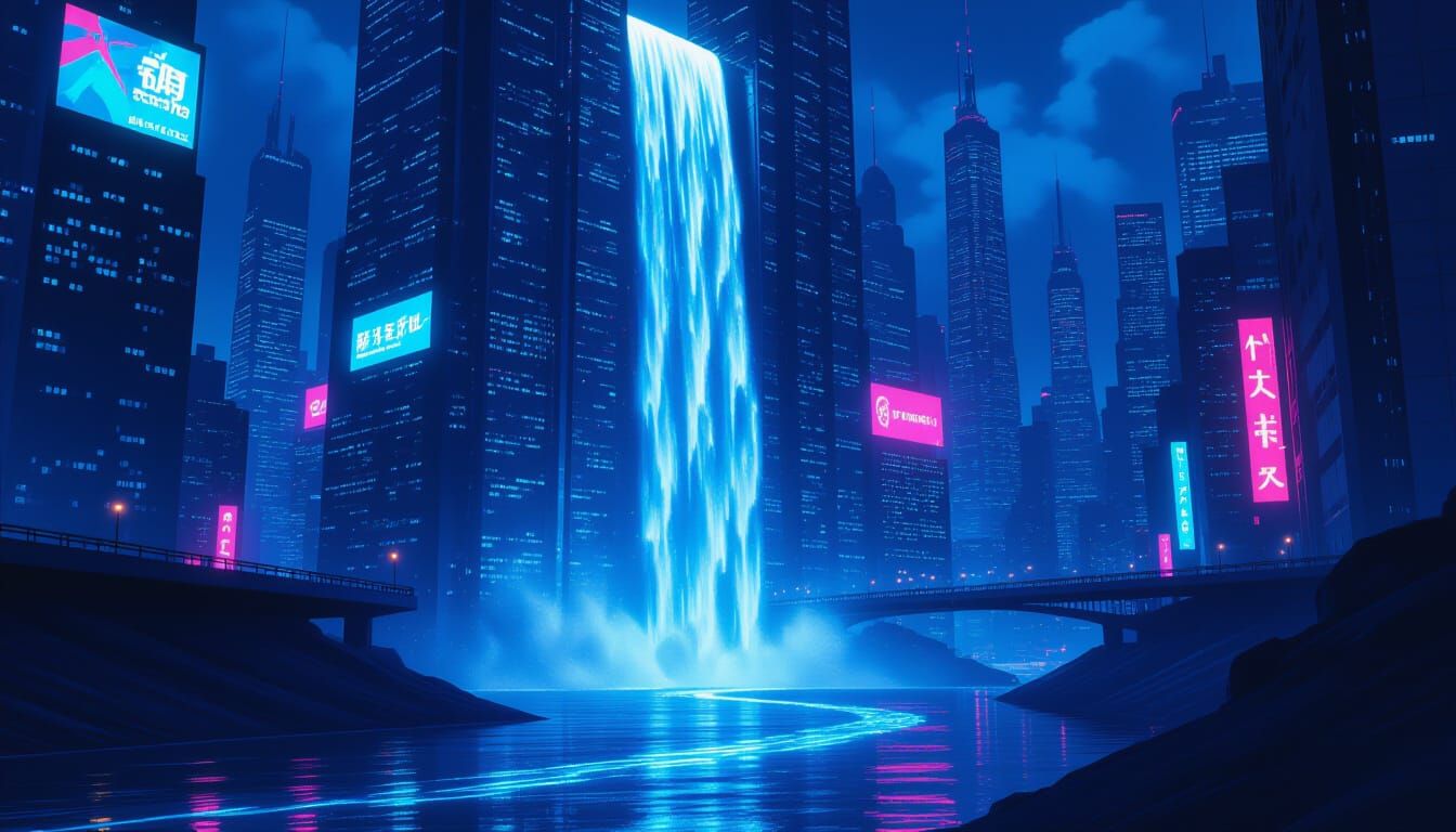 Cyberpunk Waterfall Cityscape with Neon Reflections
