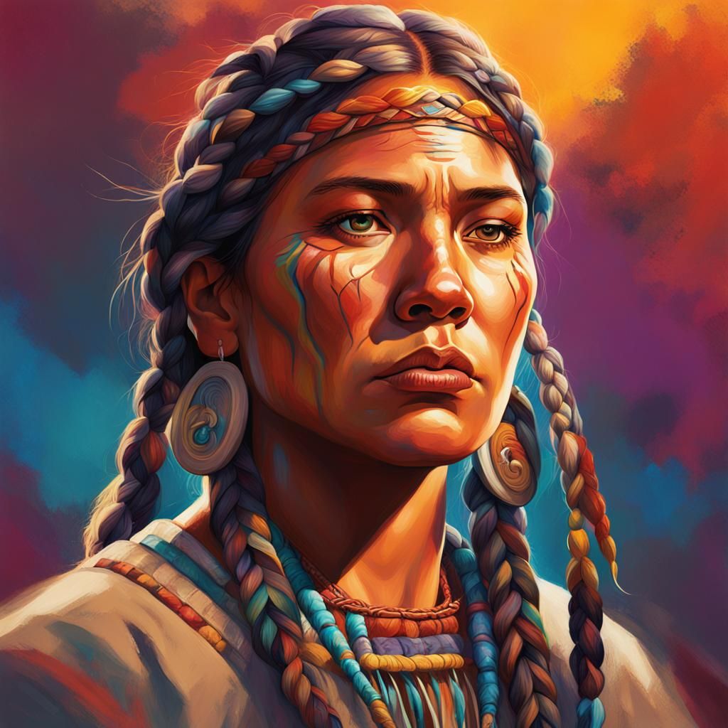 Native American woman with 2 braids gazing intently