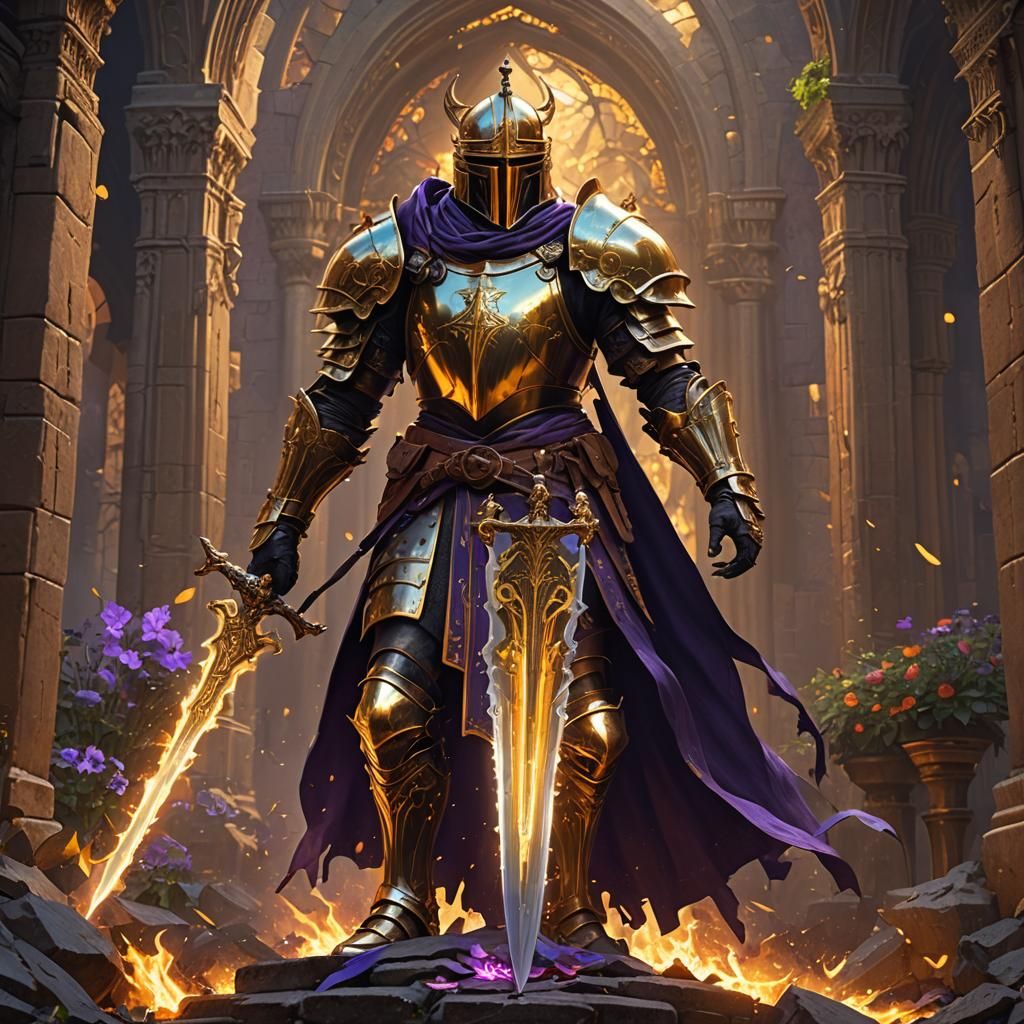 Golden Knight Crusader with Flaming Sword