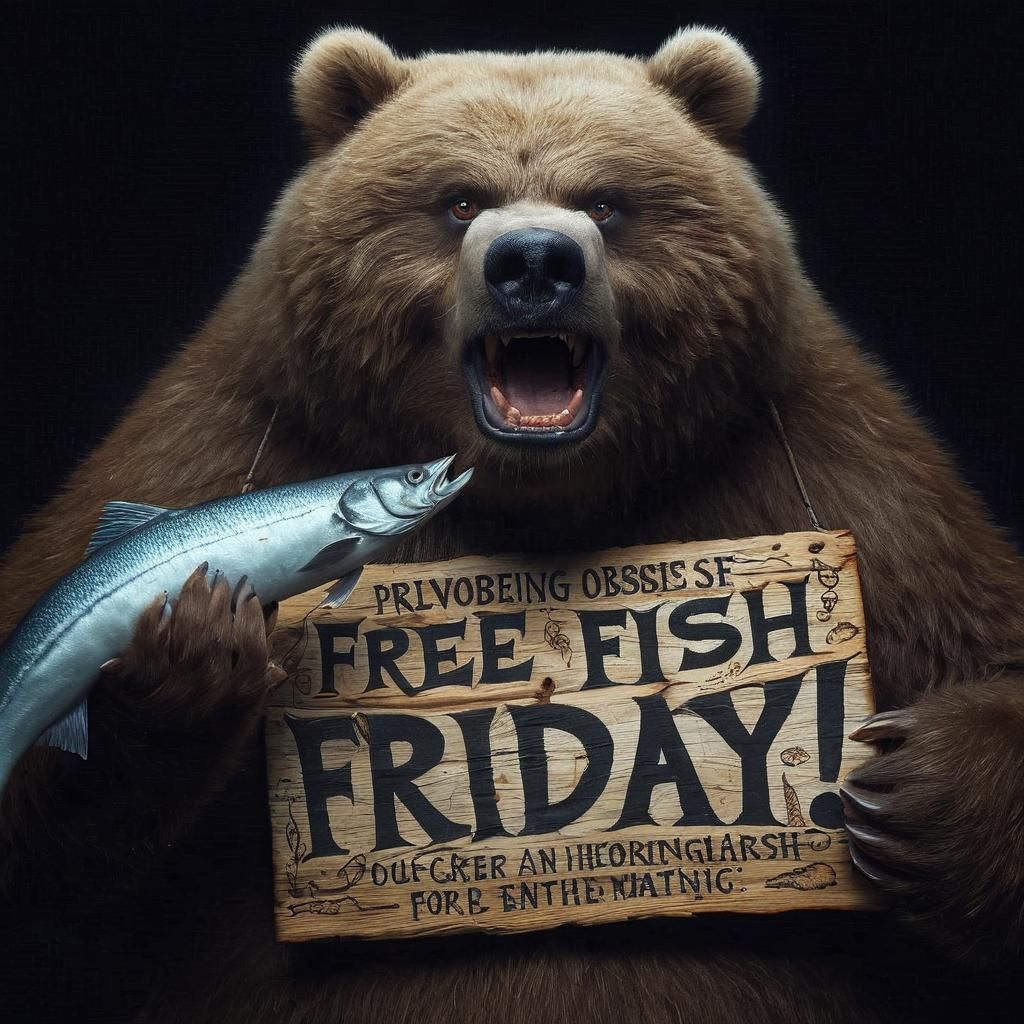 Enthusiastic Obese Kodiak Bear with Herring Fish