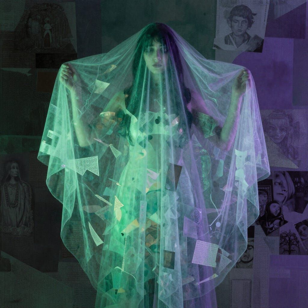Ethereal Ghostly Apparition in Multicolor Collage Style