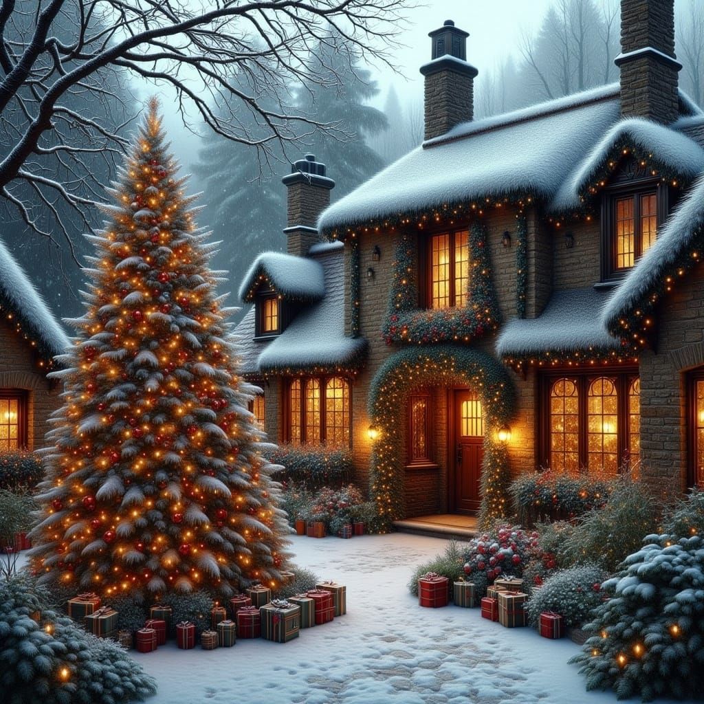 Cozy Christmas Cottage with Christmas Tree