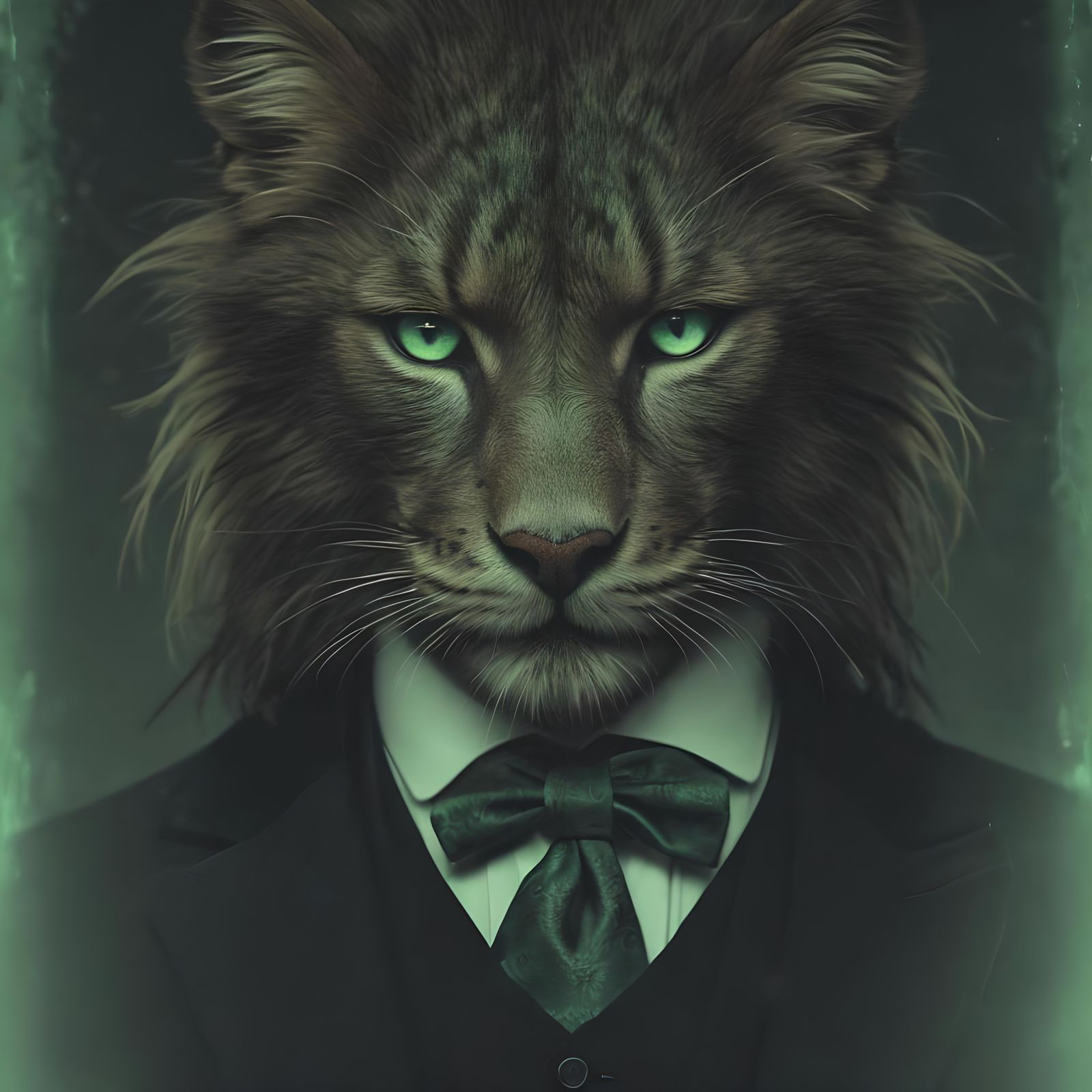 Cyberpunk Lion Gentleman with Green Eyes
