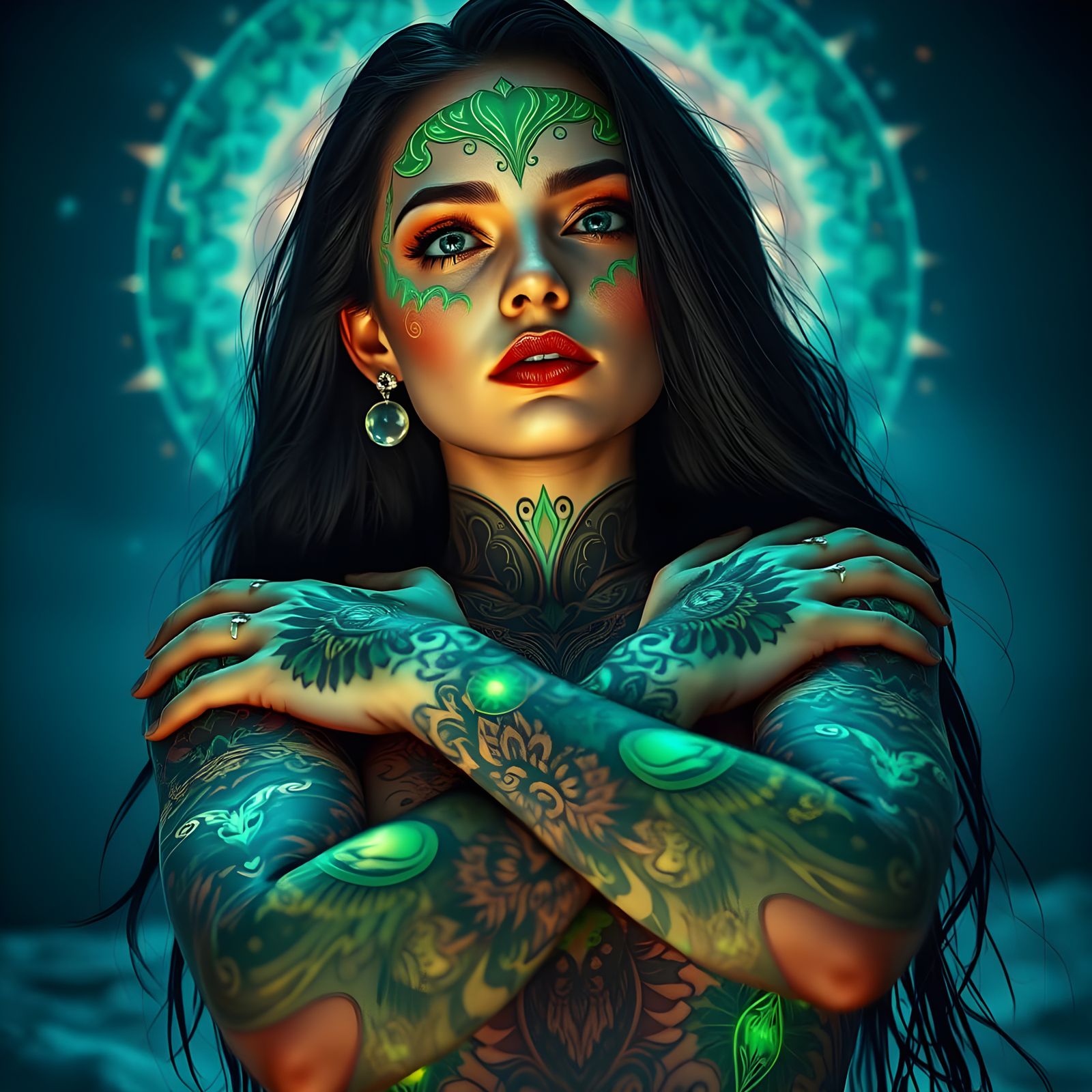 Ethereal Viking Goddess with Glowing Tattoos in Neon Hues