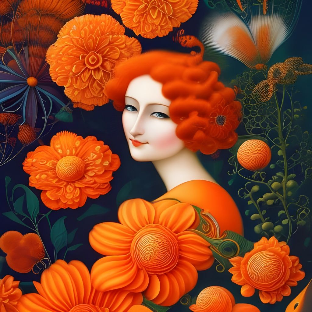 Orange-Haired Girl with Flowers: Art Nouveau Digital Paintin...