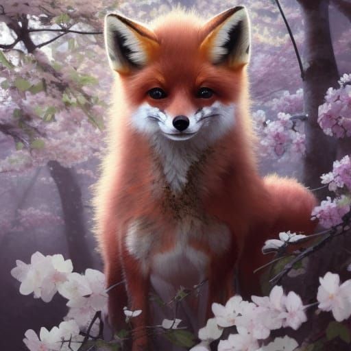 Baby Fox Portrait under Cherry Blossom Tree