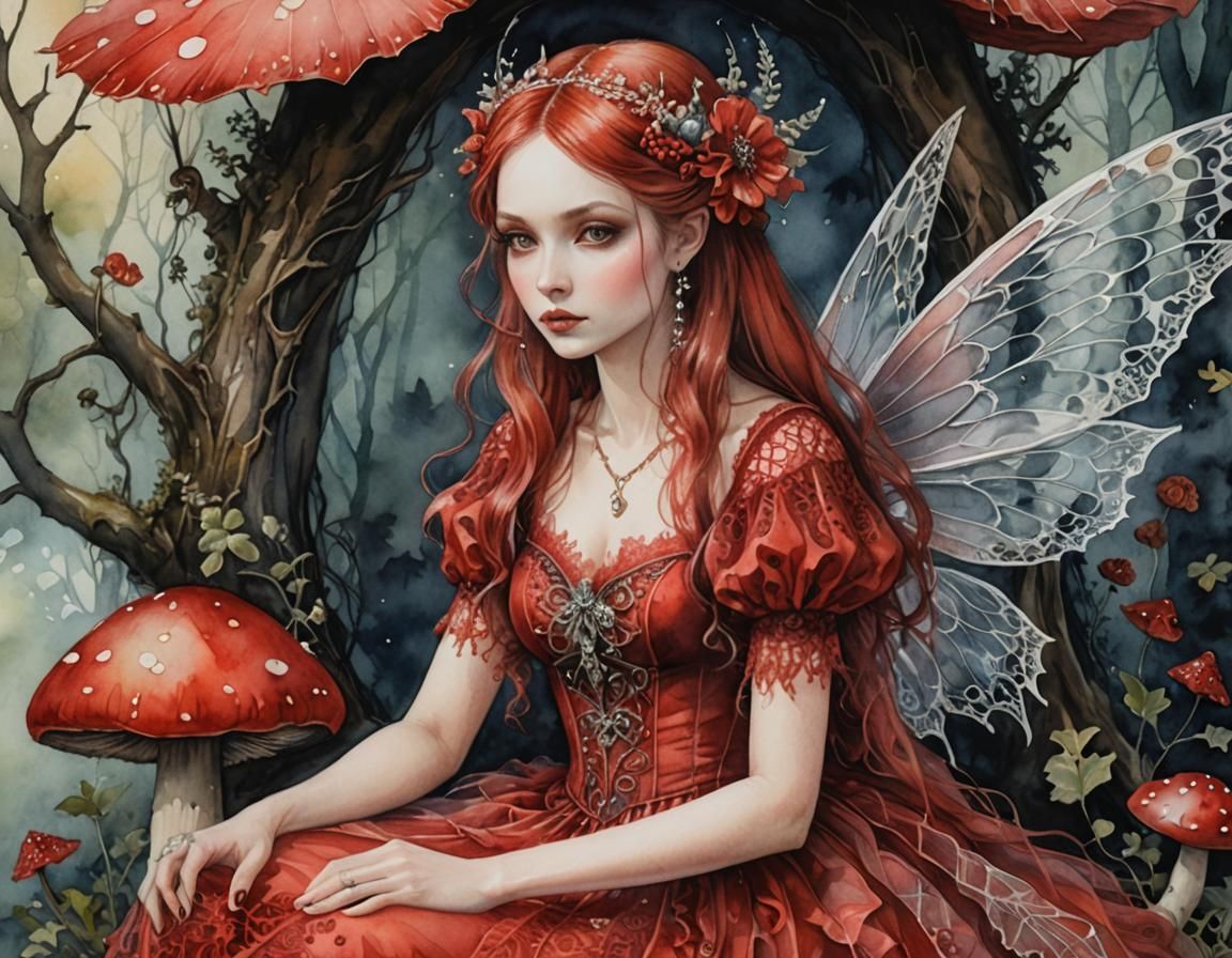Red Fairy on Toadstool in Gothic Watercolor