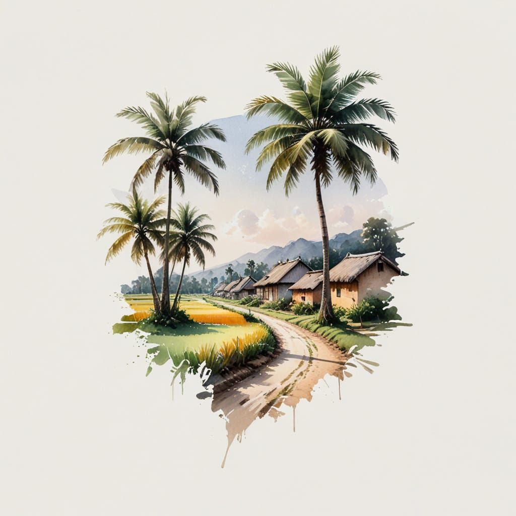 Tropical Village Path in Watercolor Style