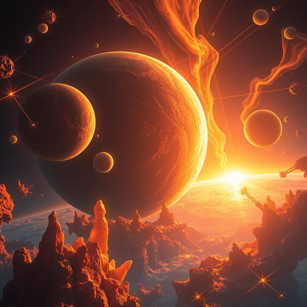 Surreal Planets in Vibrant Gold Heavenscapes