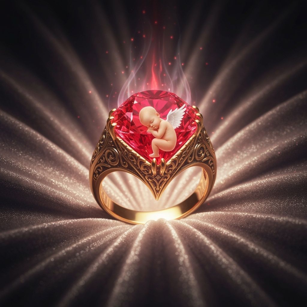 Ornate Ring with Angelic Baby in Gemstone, Surreal