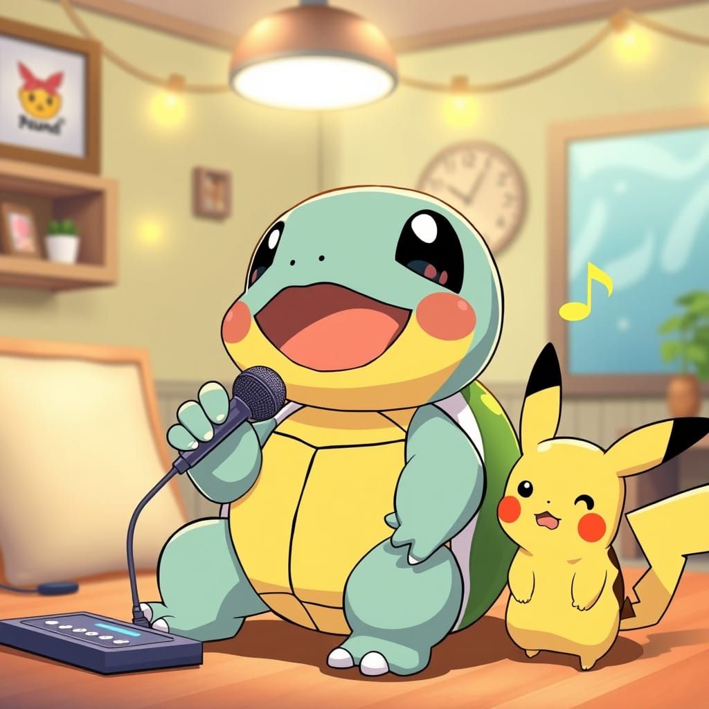 A kawaii singing Squirtle Pokémon Turtle singing karaoke in the "JoySound" Karaoke room with Evee and Pikachu anime styl...