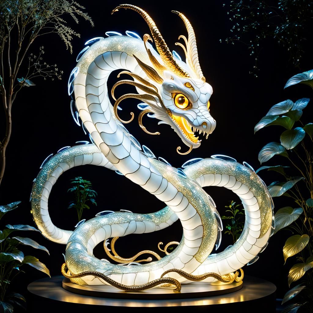 Glass Sculpture of a White Serpent-Fairy