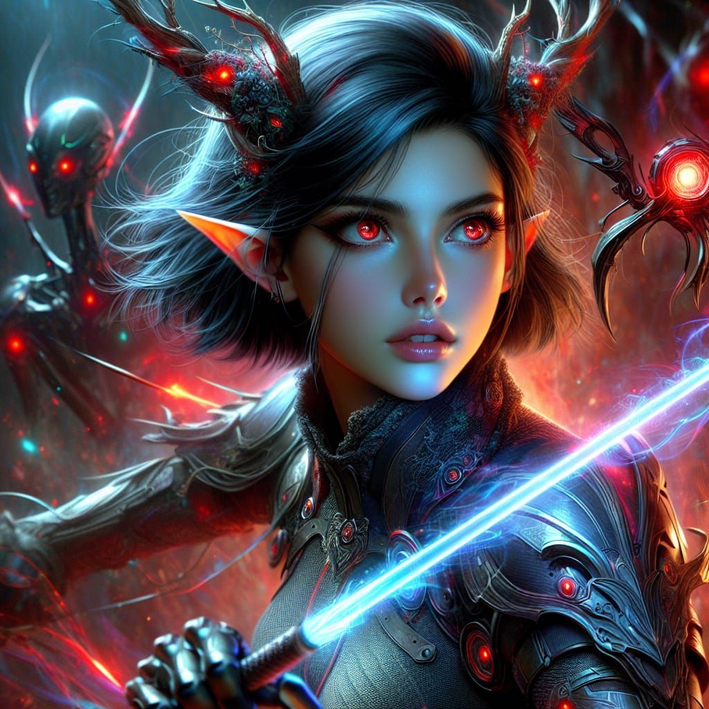 Fantasy Warrior Attacks Robot: Hyperrealistic Digital Art