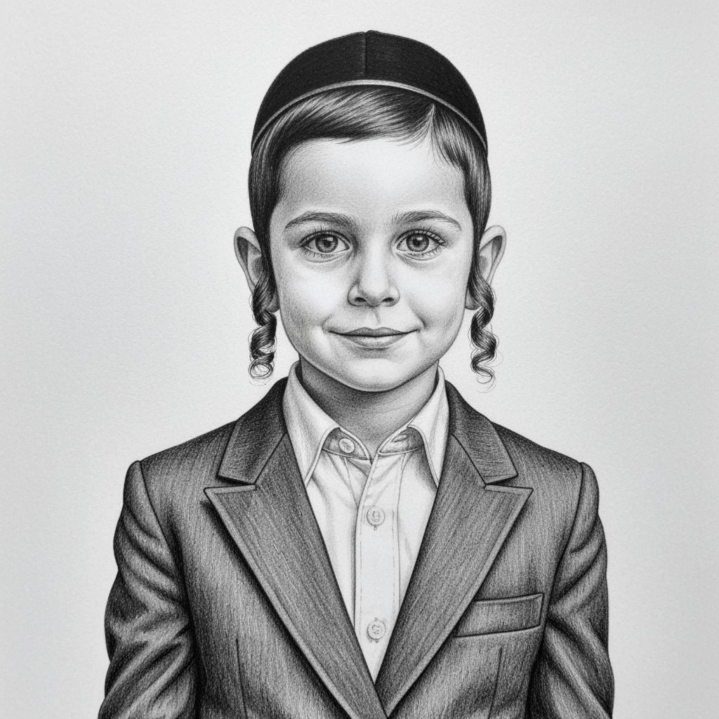 Charming Hasidic Boy Portrait in Realistic Pencil Drawing