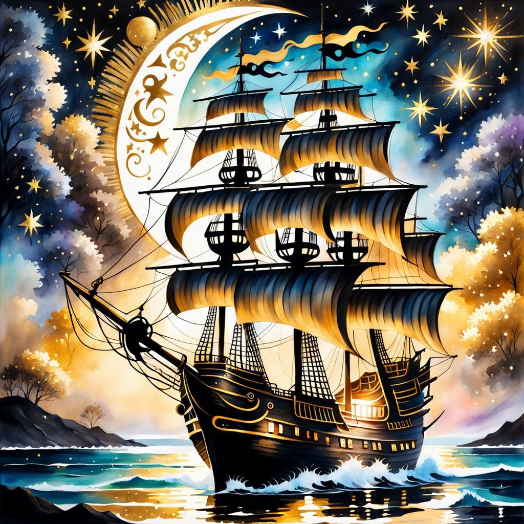 Pirate Ship Painting with Gold Sparkles