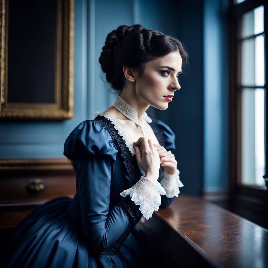 Victorian Woman in Blue Dress Looking out Window