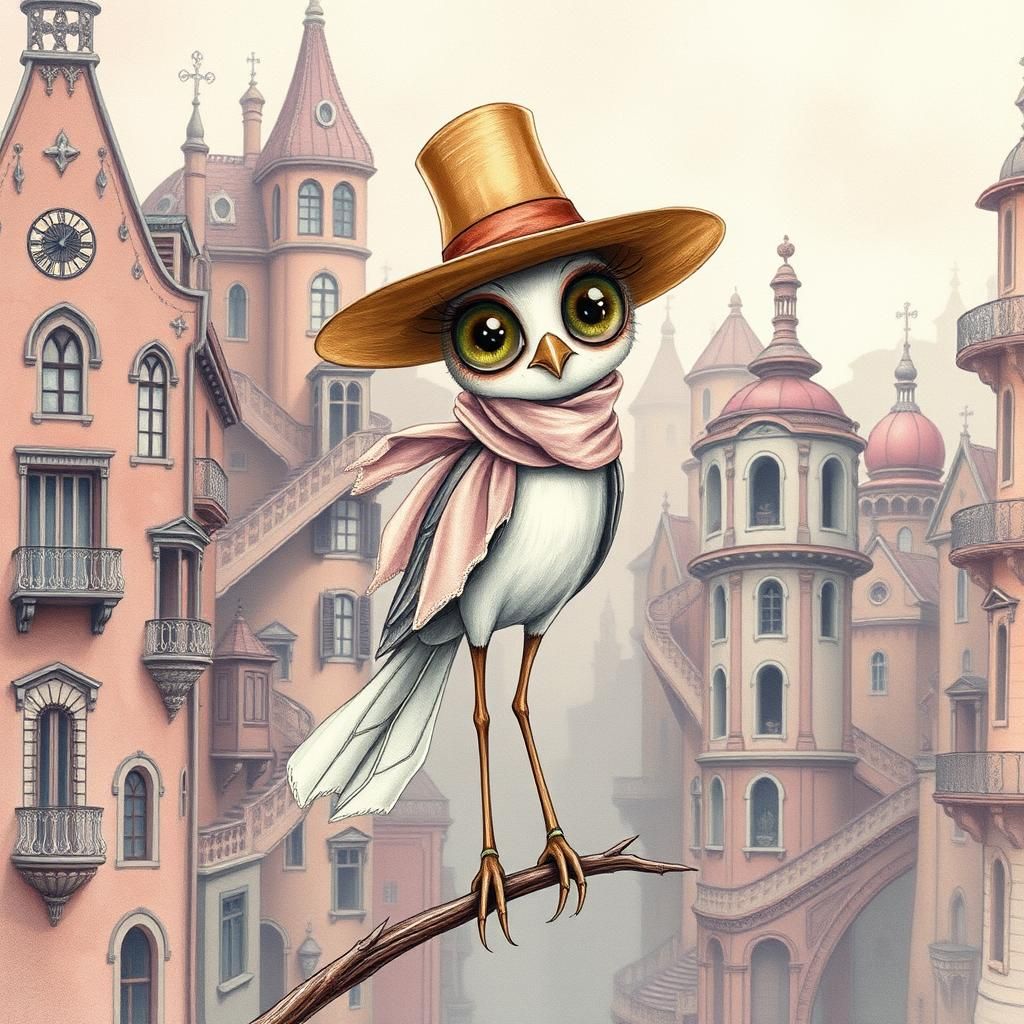 Whimsical Songbird in Cityscape, Watercolor Style