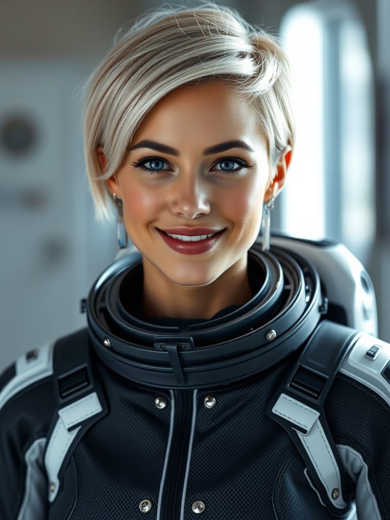 Futuristic Portrait of a Smiling Woman in Spacesuit