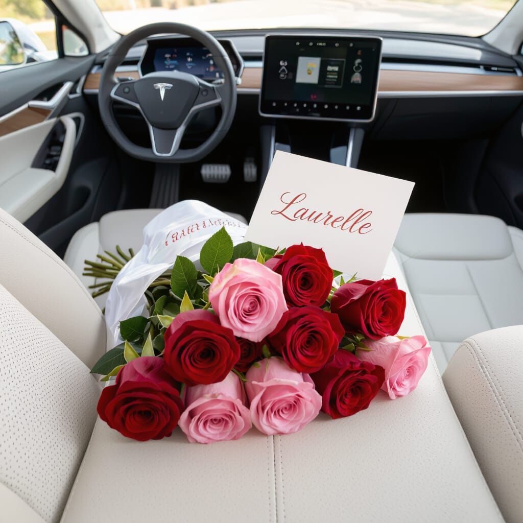 Modern Tesla Interior With Rose Surprise Photorealistic