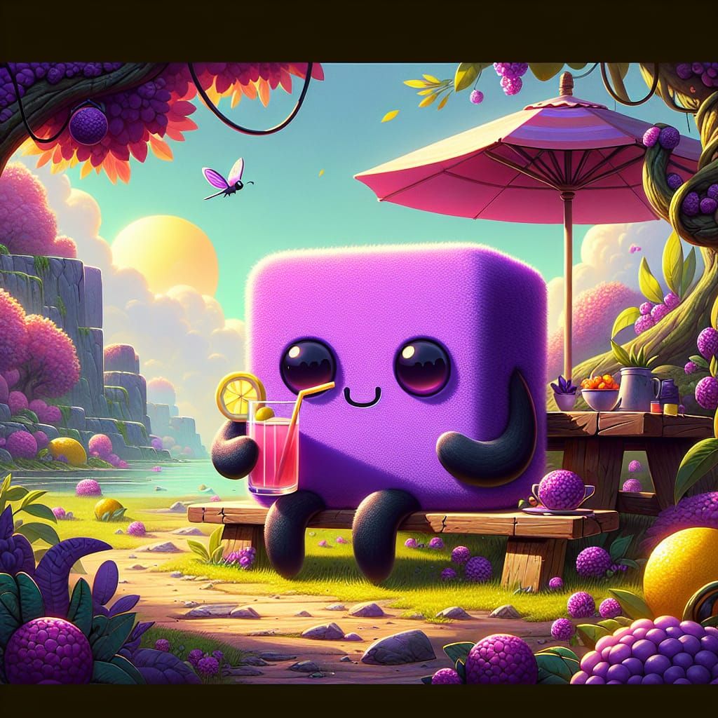 Anthropomorphic Purple Square Enjoying Lemonade
