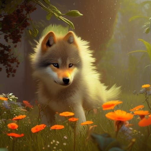 Wolf Cub Surrounded by Flowers: Digital Concept Art