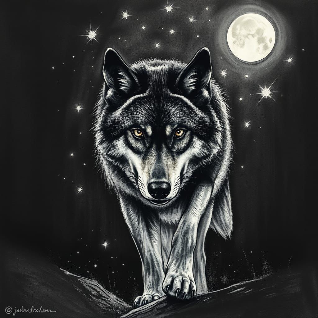 Majestic Wolf in Charcoal with Starry Night Sky