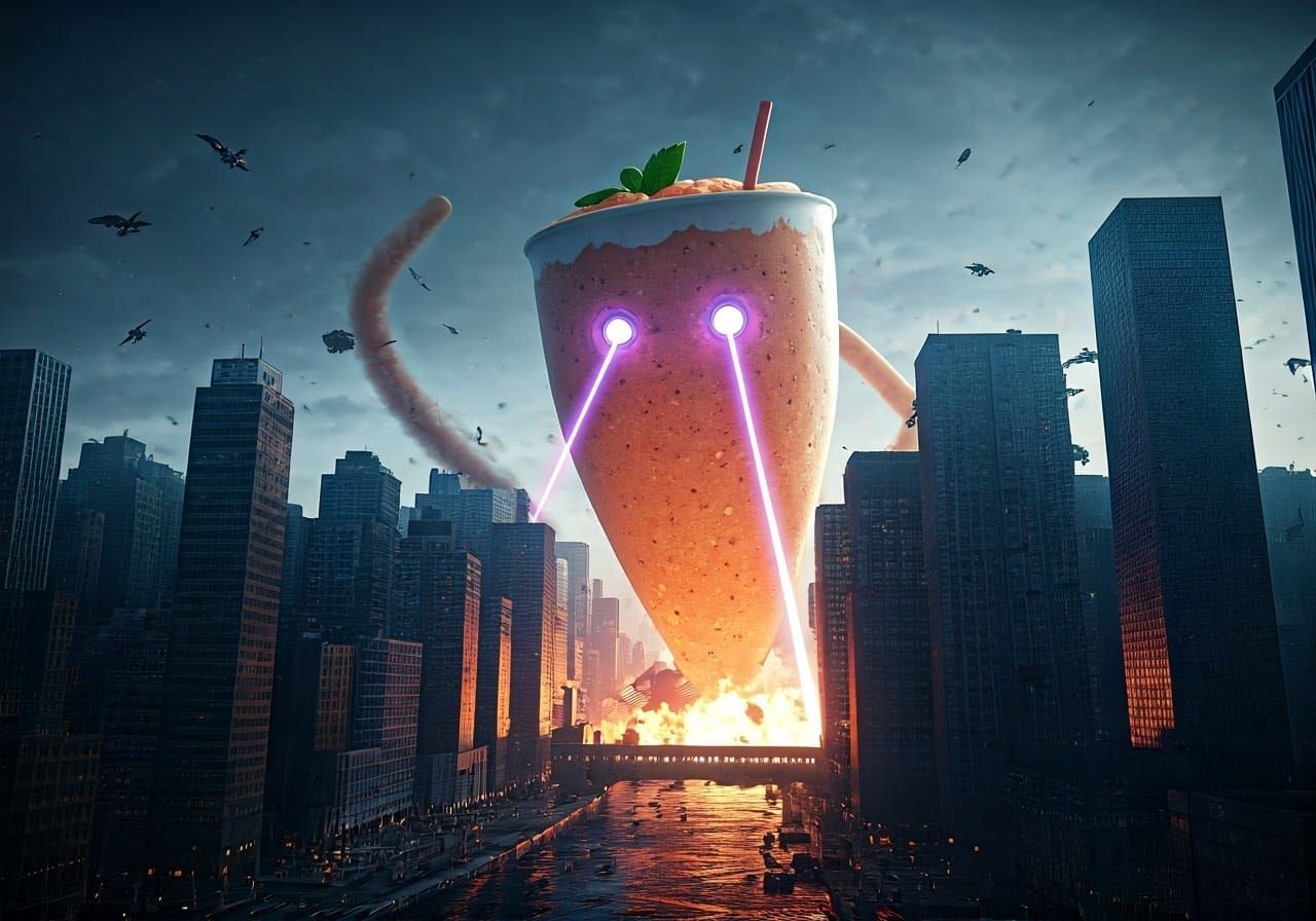 Giant Smoothie Monster Destroys City in Digital Art