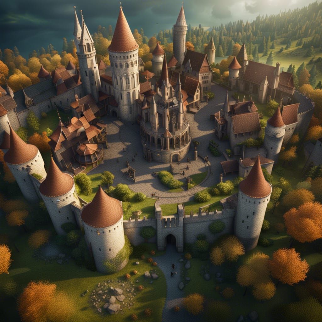 Medieval Magic City With Castle in Fantasy Style