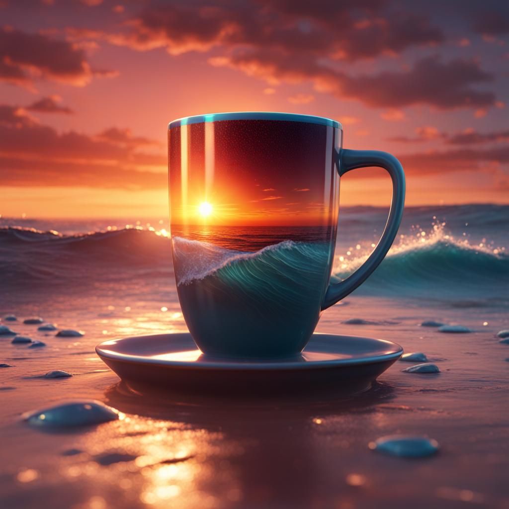 Ocean Sunset in Holographic Coffee Cup