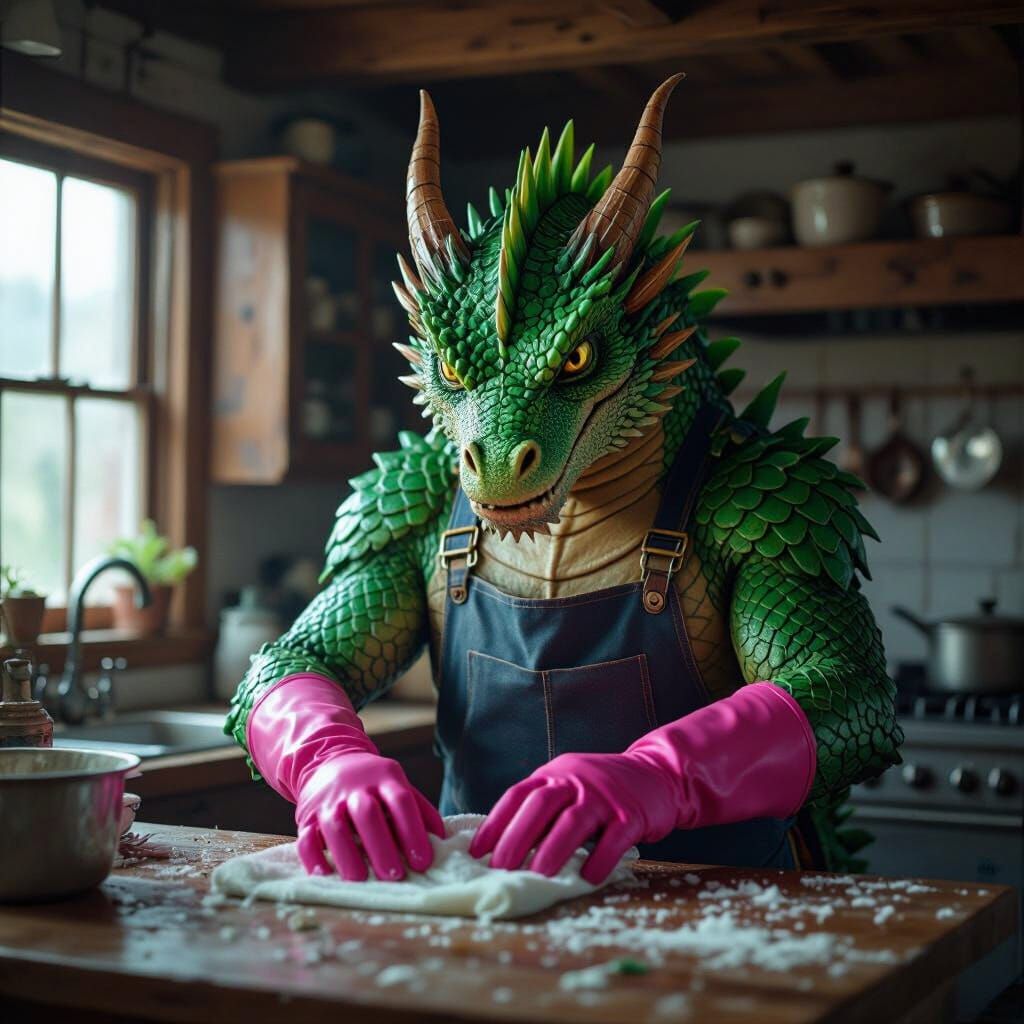 Dragon Cleans Kitchen in Pink Gloves to Rock Music