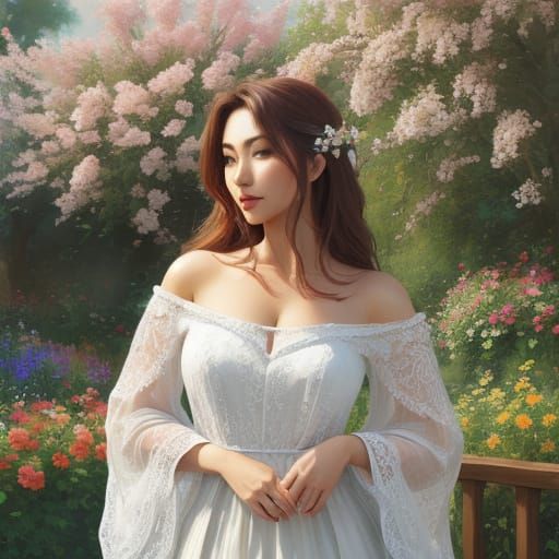 Sensual Woman Smelling Flowers in Oil Painting Style