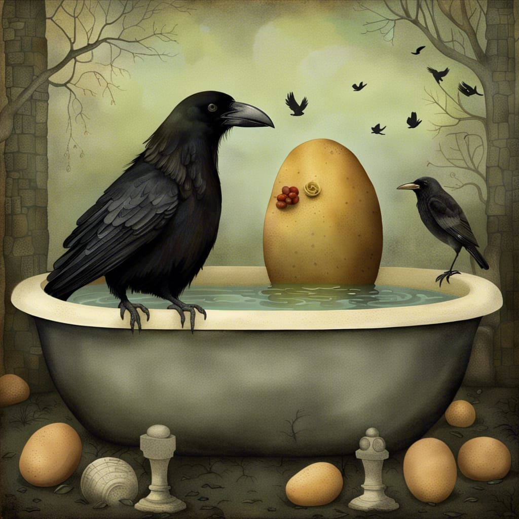 Potato and Crow Bathing in Cemetery, Illustrative Art
