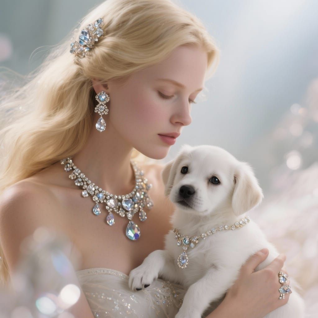 Woman With Crystal Jewelry Holds Jeweled Puppy