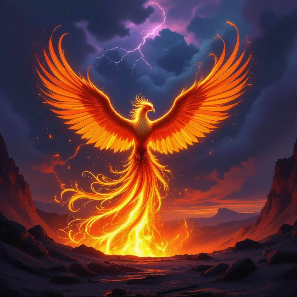 Molten Gold Phoenix Erupts From Volcano Epic Fantasy Art
