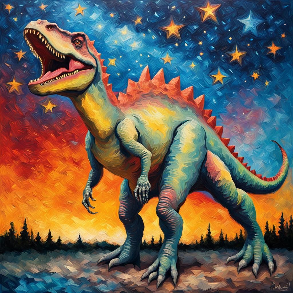 Gigantosaurus in Impasto Oil Paint Under Starry Sky