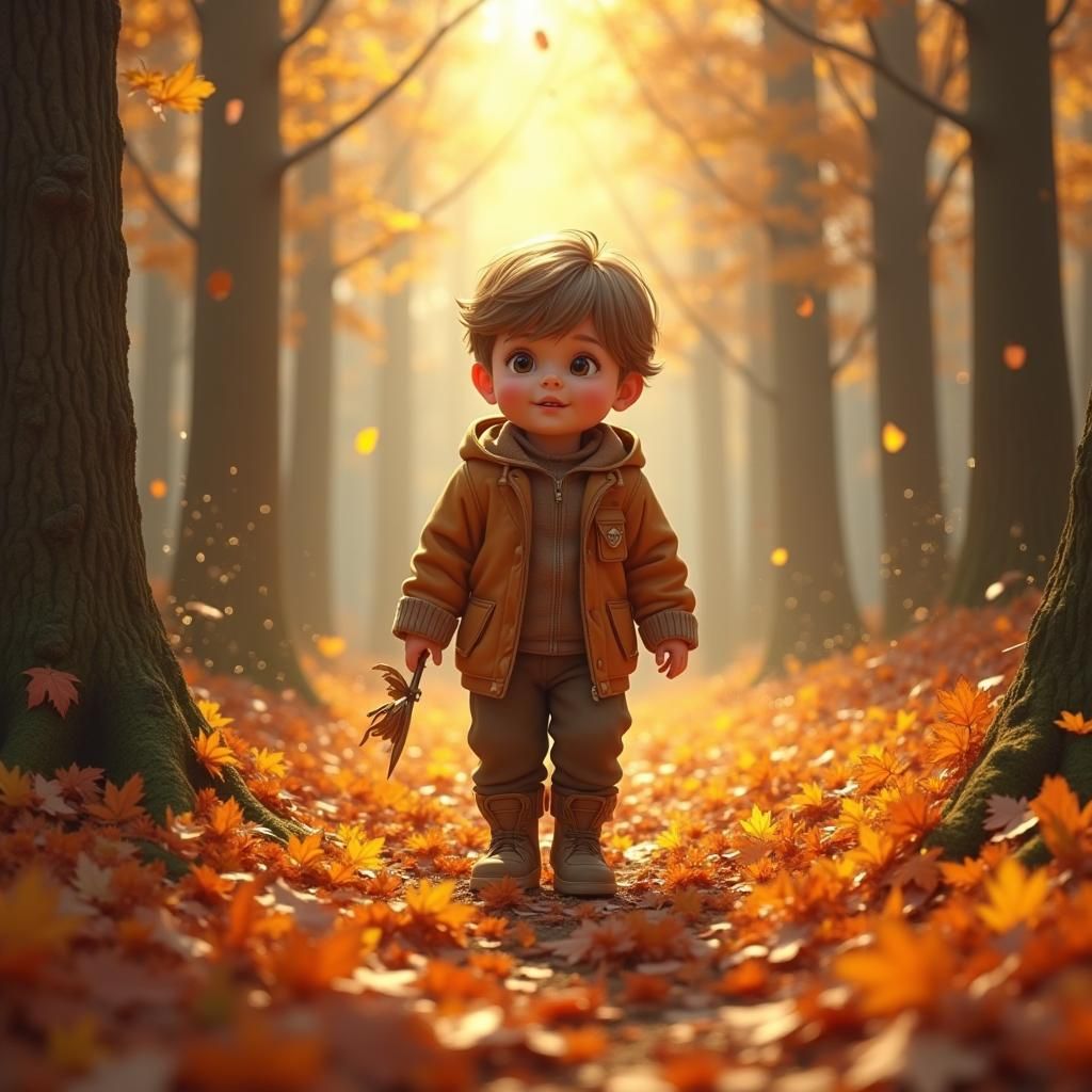 Autumn Boy in Whimsical Forest: Fantasy Concept Art