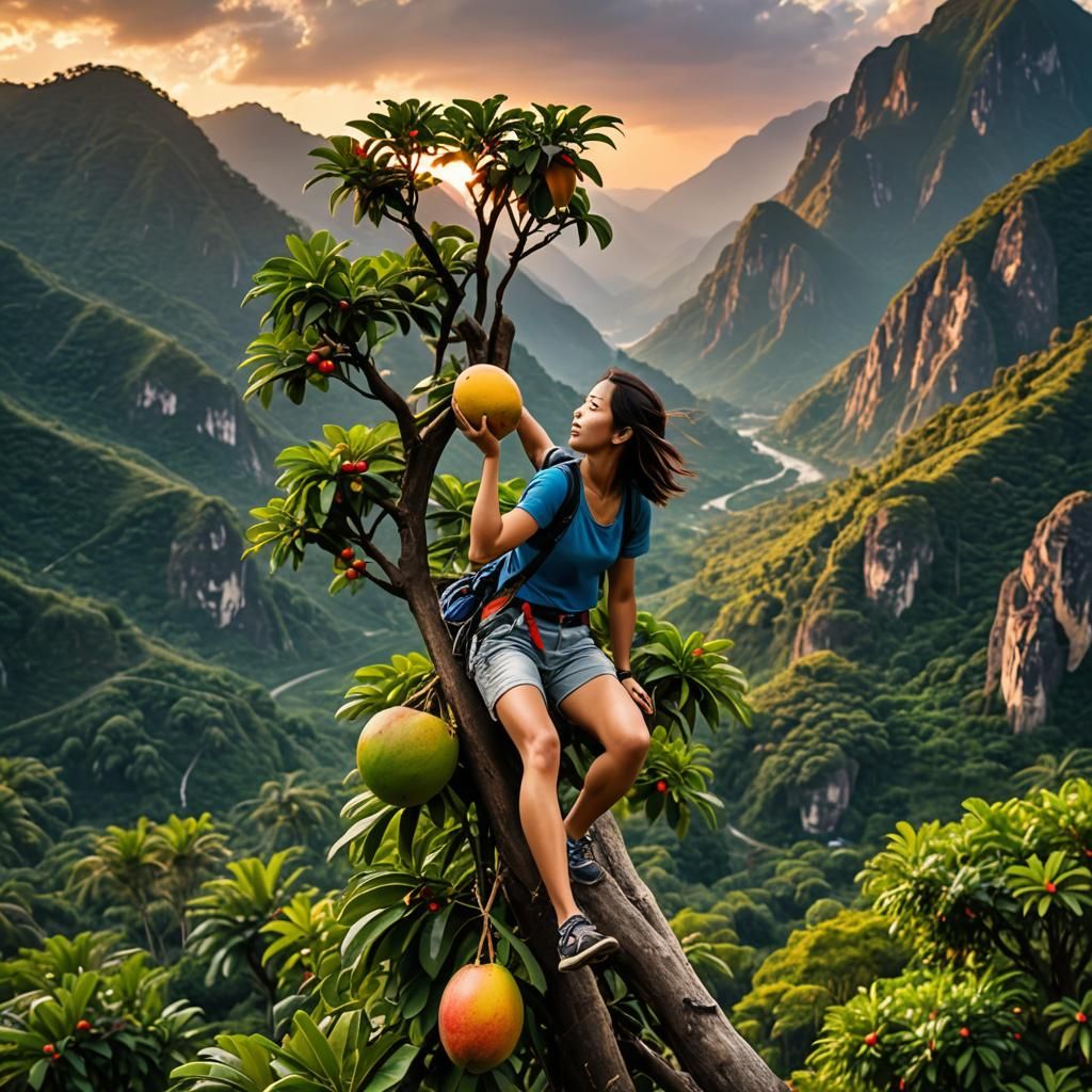 Woman Climbs Mango Mountain at Sunrise