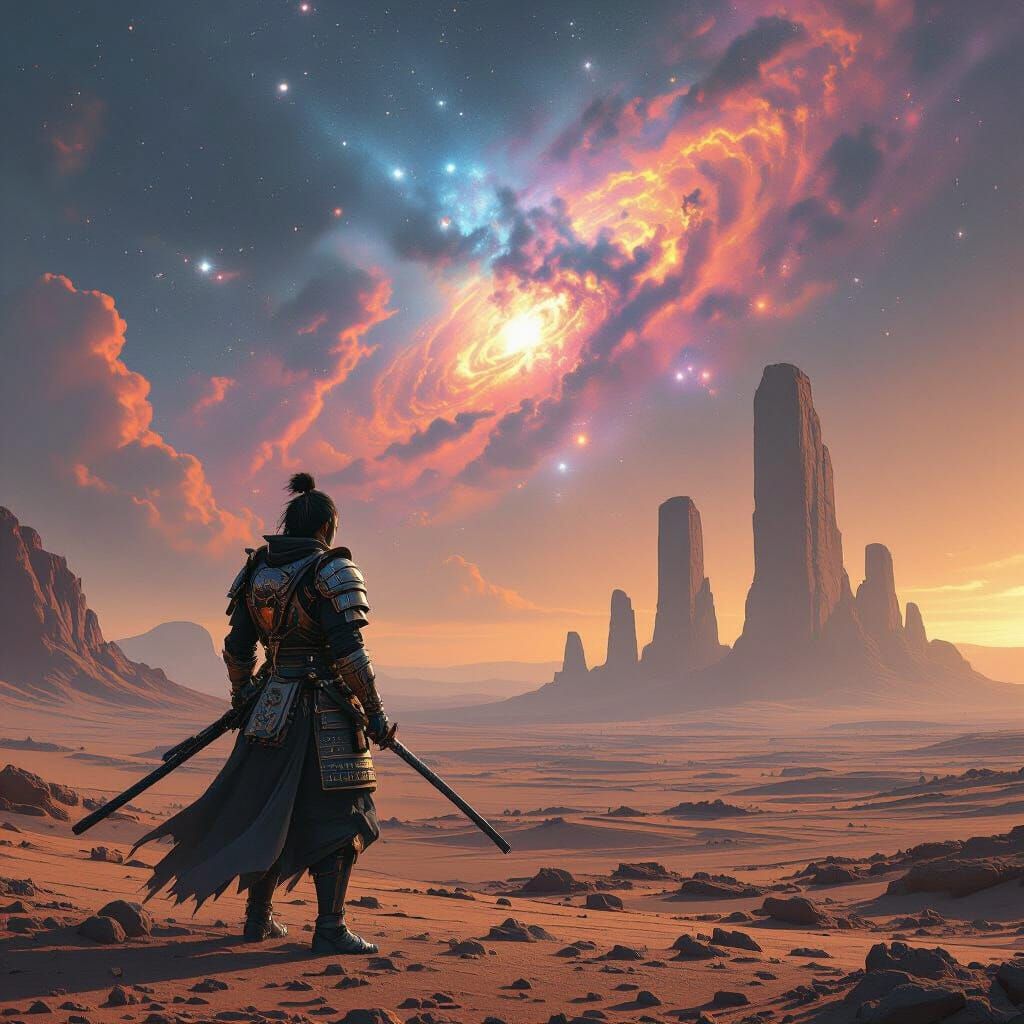 Samurai Stares at Nebula on Alien Planet