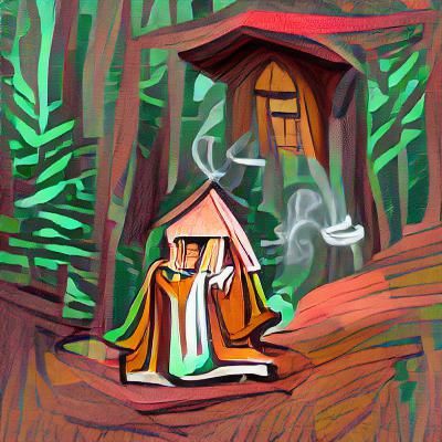 Wise Hermit Smoking in Forest Hut