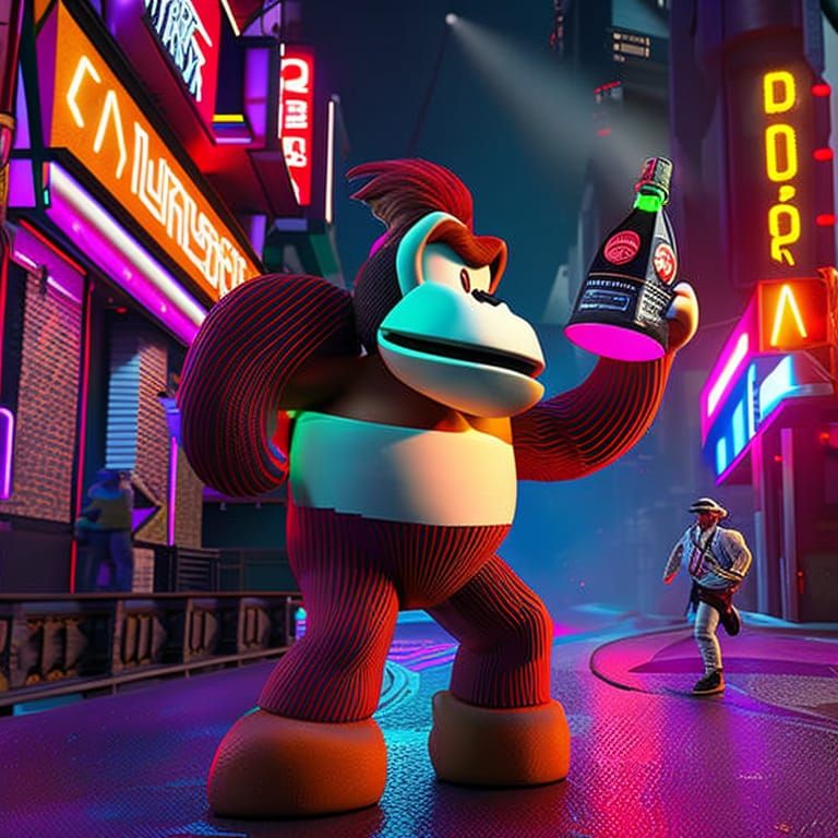 Donkey Kong Drinks in Neon Cyberpunk City