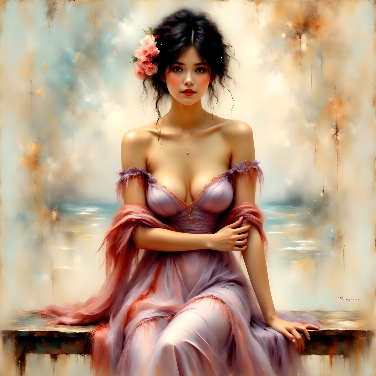 Ethereal Woman in Lilac Silk, Impressionist Oil Painting