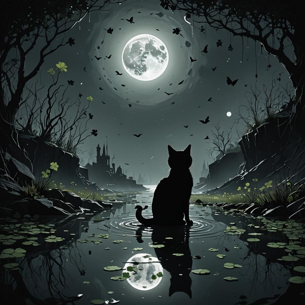 Black Cat Silhouette Over Bottomless Abyss