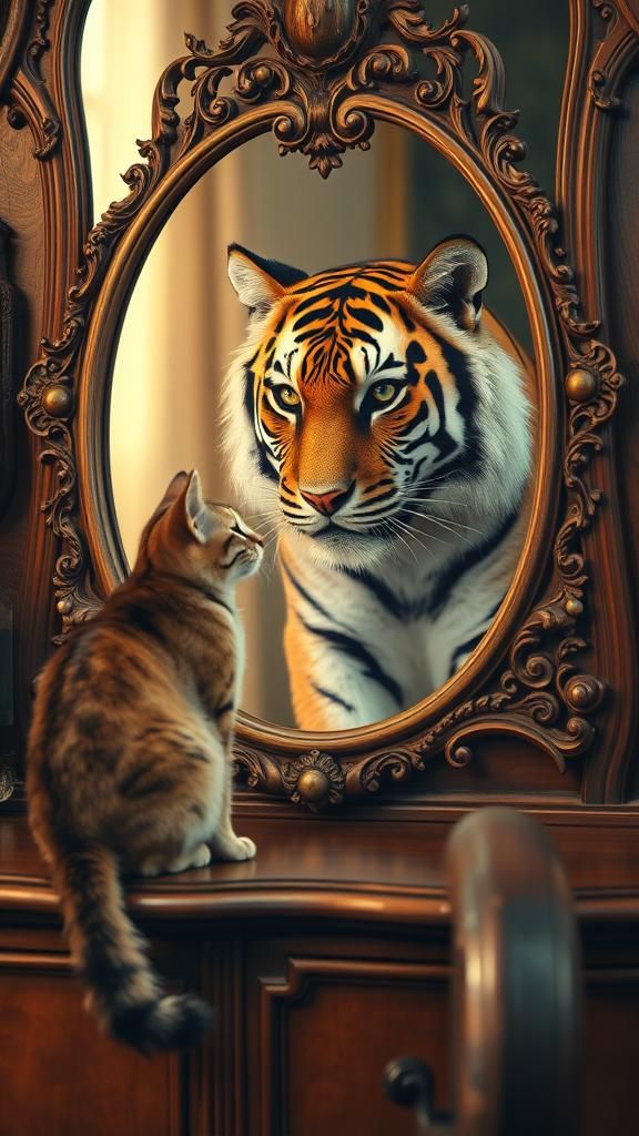 Cat's Mirrored Reflection Reveals Regal Tiger