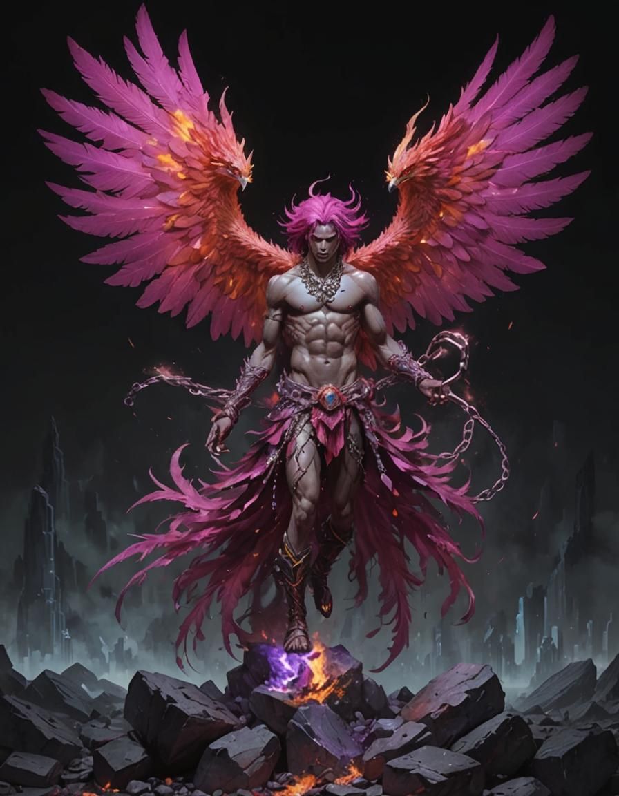 Shirtless Fire Harpy in Glitched Neofuturistic Landscape