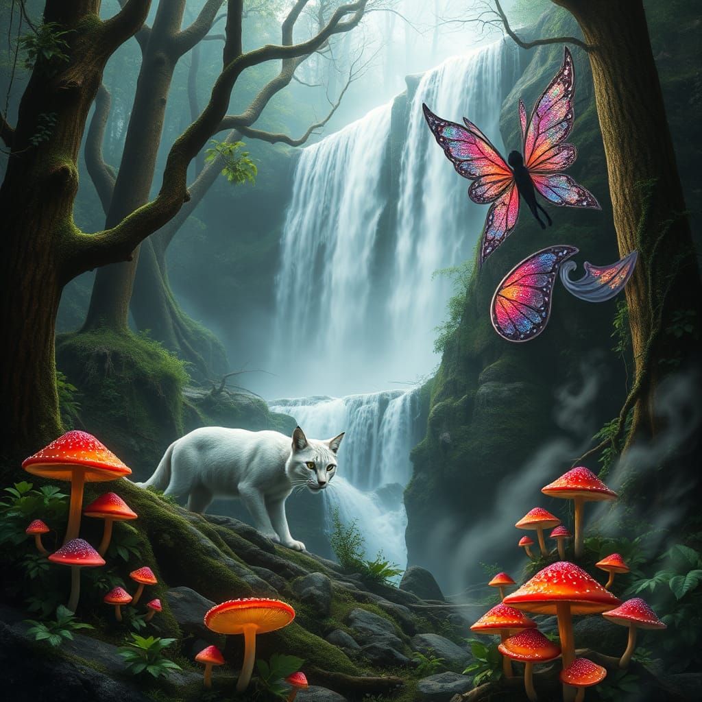 Mystical Forest Scene with Fairy, Lynx, and Waterfall